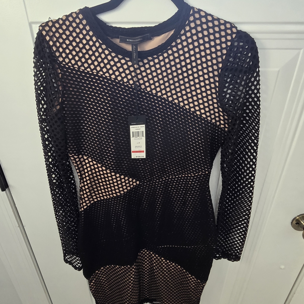 BCBGMaxAzria Black and Nude Mesh Long Sleeve Dress